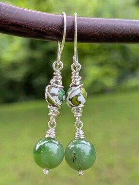 Artisan Jade Earrings-Natural Gemstone and Vintage Cloisonne In Sterling Silver